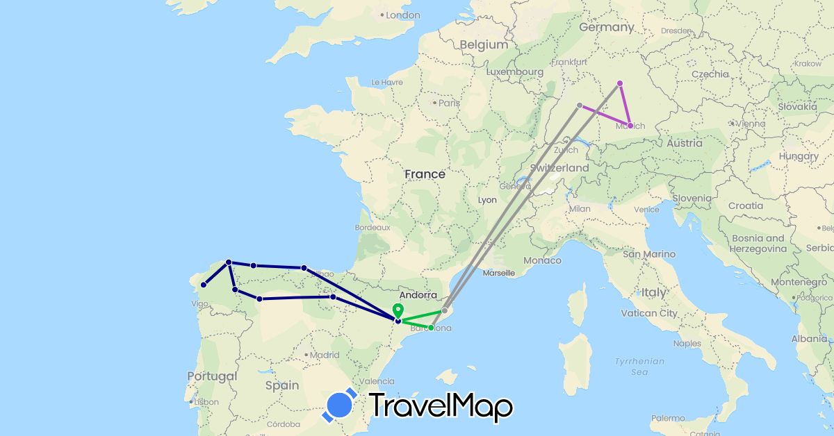 TravelMap itinerary: driving, bus, plane, train in Germany, Spain (Europe)